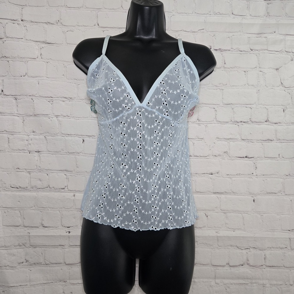 Vtg Y2K Secret Treasures Light Blue Eyelet Bsbydoll Sheer Micro Mesh Cami Sz L